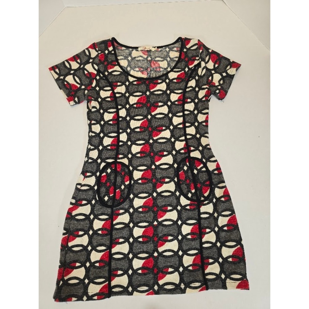 Arveh Women's XL Short Sleeve‎ Knit Dress Red Gray White Circle Pattern